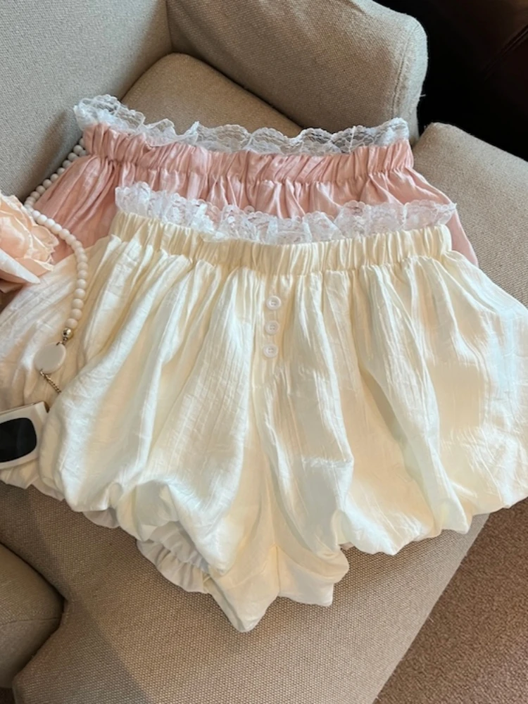 

Summer New Style Women's Lace Patchwork Elastic Waist Flower Bud Shorts Puffy Cute Slimming Short Pants Commute Korean Style