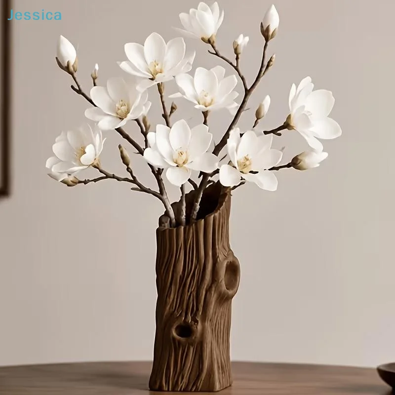 〔S〕Tree Stump Shaped Vase, Imitate Wood Texture Rustic Vase, Decorative Tabletop Flower Container