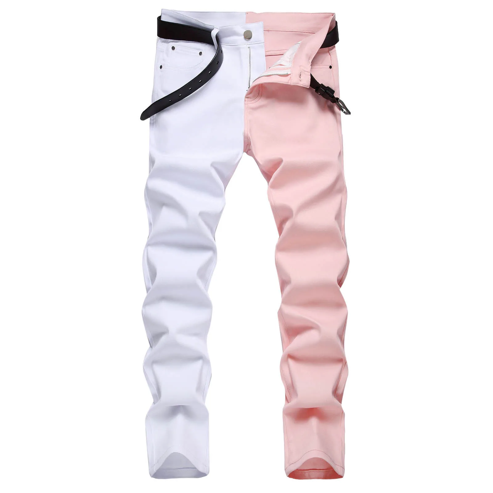 Two Colors Spliced Into Jeans Men's Fashion Casual Trousers White Yellow Red Black New Design Patchwork Denim Pants