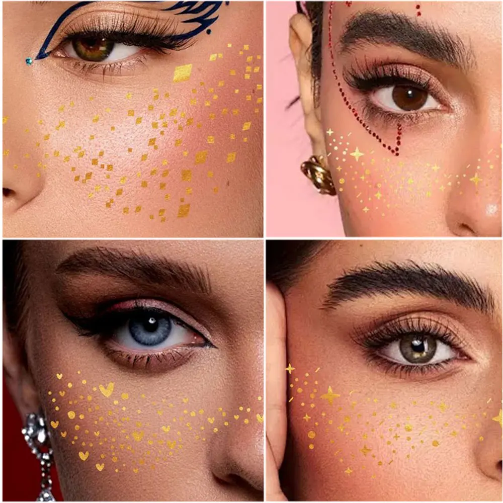 6pcs Temporary Freckle Tattoo Stickers Golden Glitter Stickers for Face Makeup Beauty Face Jewels Tattoo for Women Bride