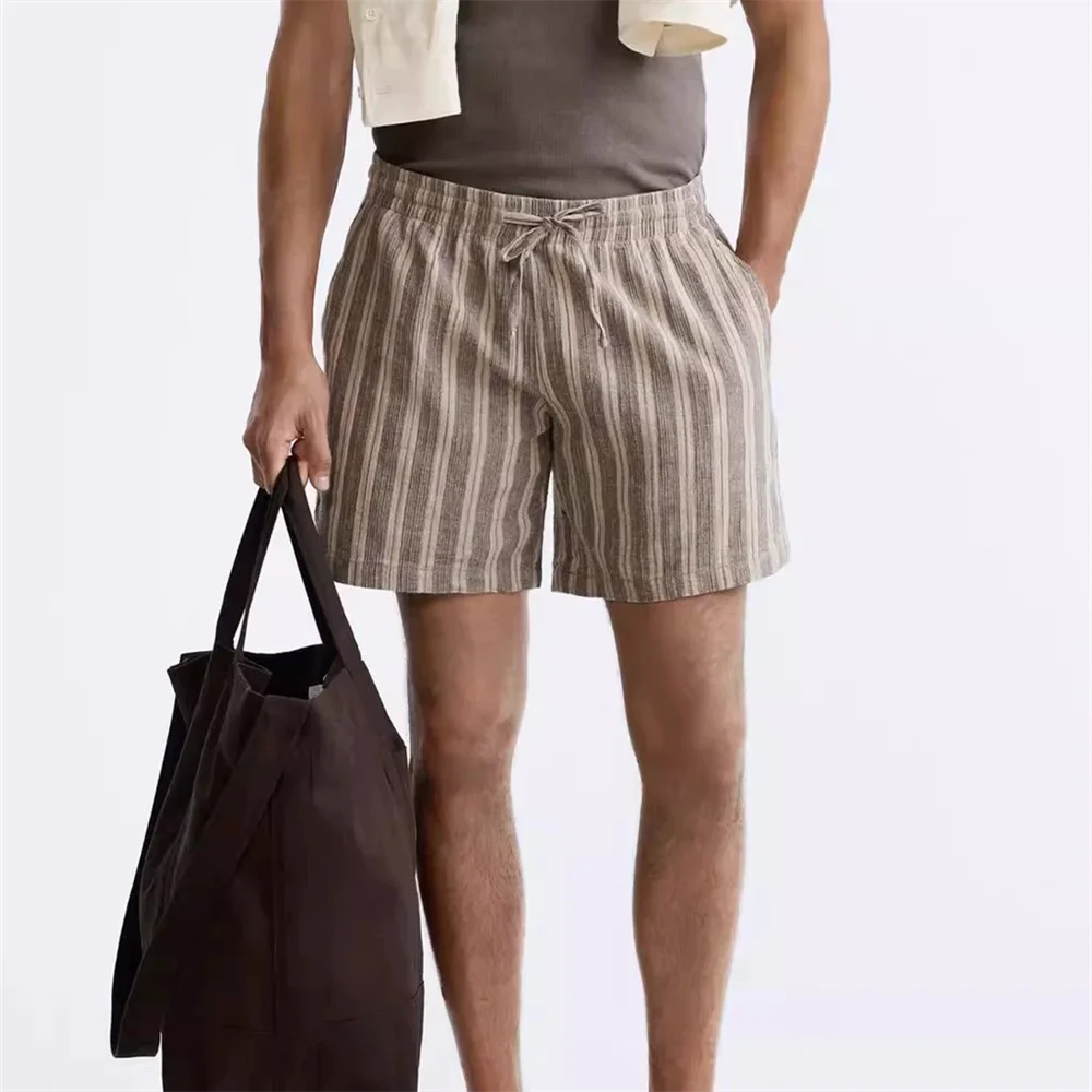 ZA2024 Autumn New Men\'s Fashion Style Versatile Loose Stripe Printed Elastic Waist Casual High Waist Shorts