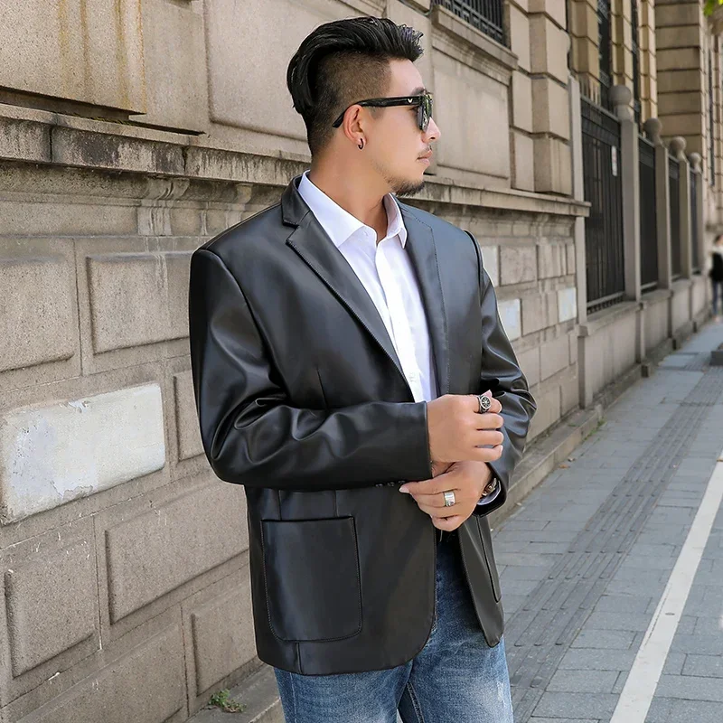 Oversized Men's Leather Blazer Dress Black PU Business Casual Jacket Fashion Loose Spring Autumn Coats Brand Clothing 7XL 8XL