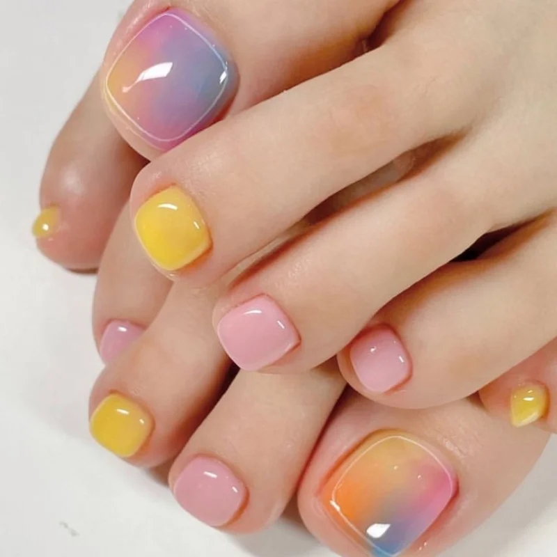 

24 шт., носимые накладные ногти на ногах, красочный дизайн, короткие квадратные кончики для ногтей с полным покрытием, готовые для девочек, накладные наборы ногтей