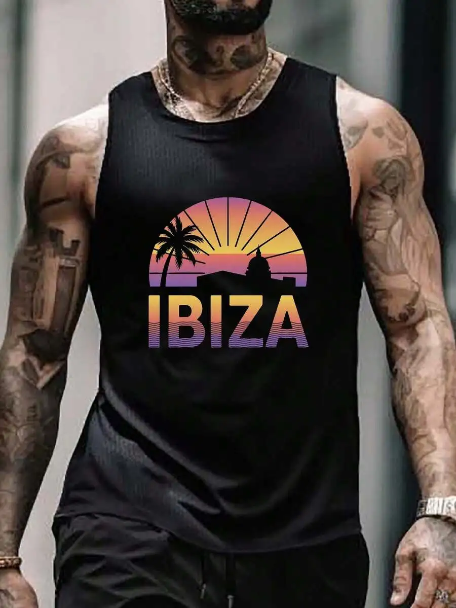 

Mens Ibiza Sunset Palm Silhouette Sleeveless Tank Top Casual Beach Wear