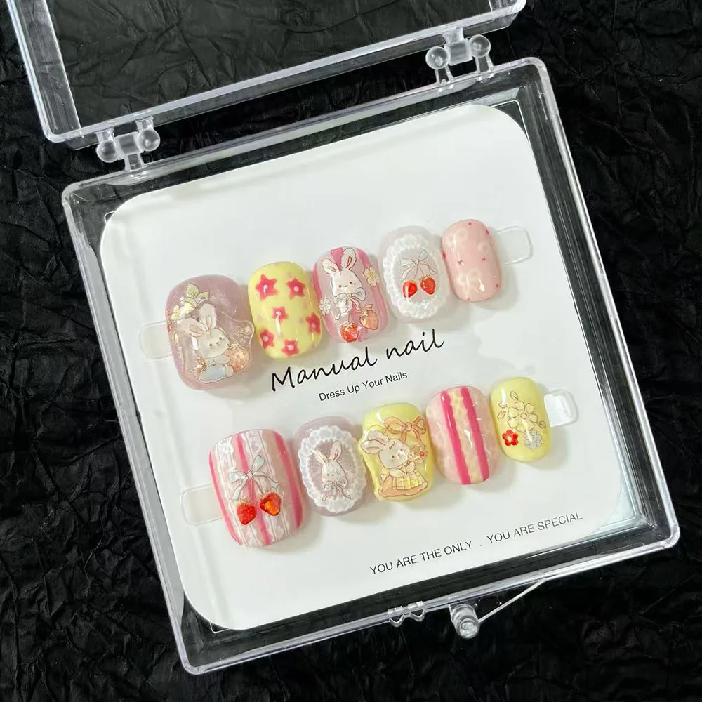Cute Cartoon Rabbit Star Flower Dots Short Square Fake Nails Glitter Gemstone Bowknot Apple Cherry Nail Patch Party Stickers