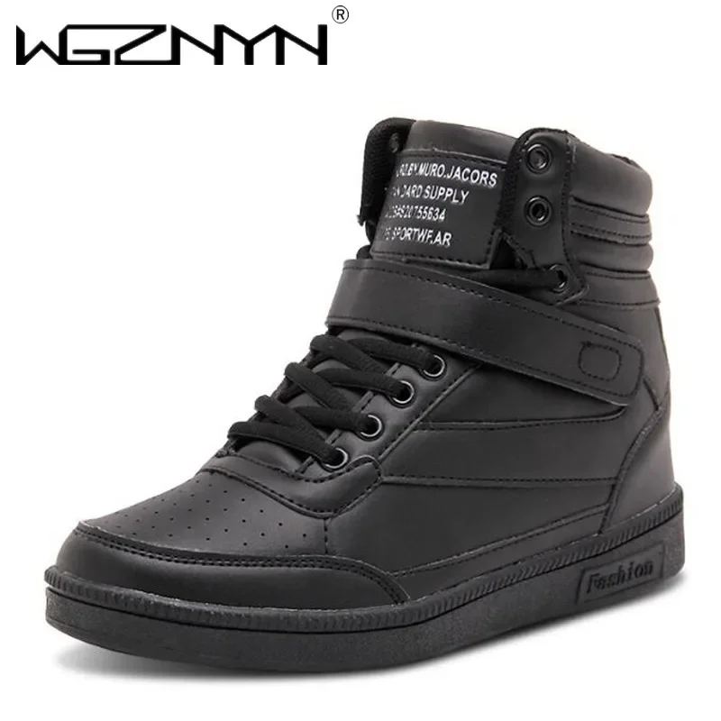 2024 Woman Breathable High Top Black White Boots Shoes Women Casual Sport Shoes Platform Hidden Increasing Sneakers Leather Shoe