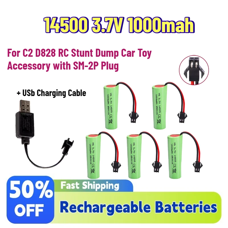 Upgrade New 14500 3.7V 1000mah Li-ion Battery For C2 D828 RC Stunt Dump Car Toy Accessory With SM-2P Plug + USb Charging Cable