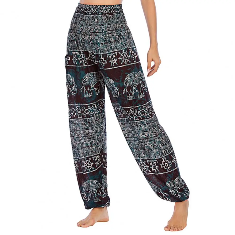 Women Harem Yoga Pants with Pockets Wide Elastic Waist Thai Elephant Print Wide-Leg Trousers Vacation Bohemian Pants Pantalones