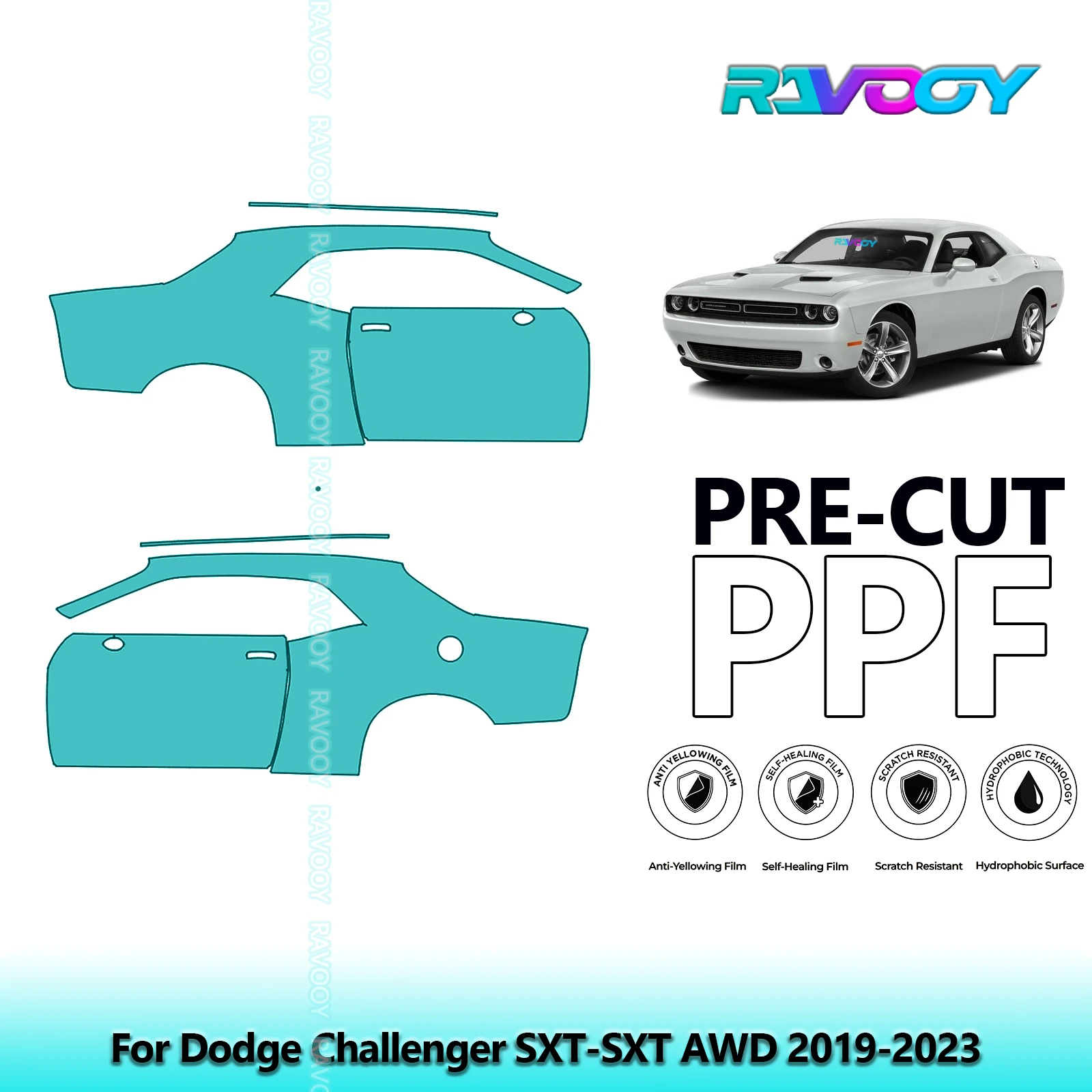 

For Dodge Challenger SXT-SXT AWD 2019-2023 8.5mil Clear Matte Pre-Cut PPF Door & A/B Pillar Kit TPU Paint Protection Film Set