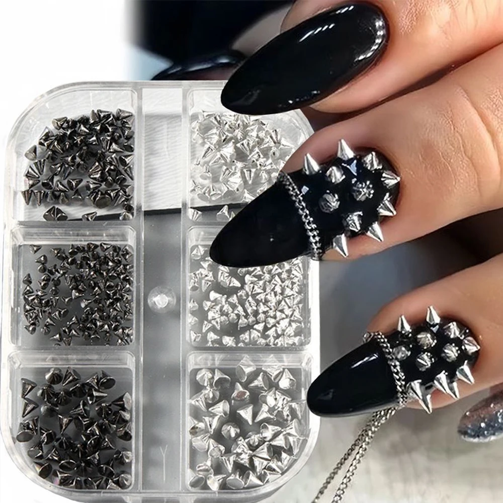150 adet 3D Siyah Gümüş Metalik Perçin Punk Tırnak Rhinestones 6 Izgaralar Minik Koni Başak Çiviler Tırnak Takılar Karışık Aolly Mini Perçin Deco