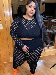 Plus Size Women 2 Piece Sets Spring Wear Round Neck Long Sleeve Crop Top and Pants Suit Hollow Out Black Mesh Sexy Outfits