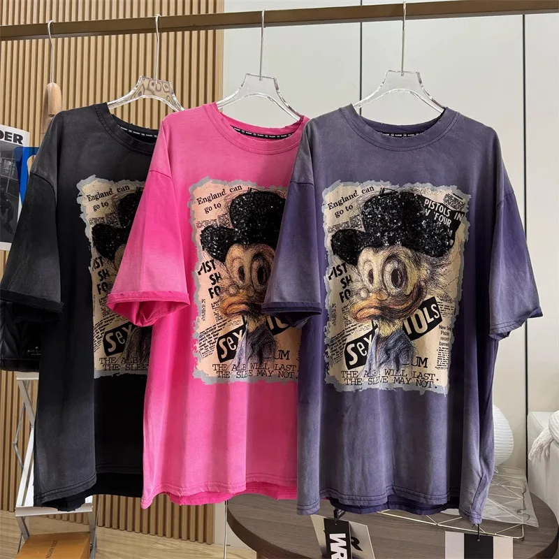 Distressed Short-Sleeved T-shirt 2024 New Summer Cartoon Sequins Design Sense Women's Kawaii Clothes Top Fashion Brand Cute Tees