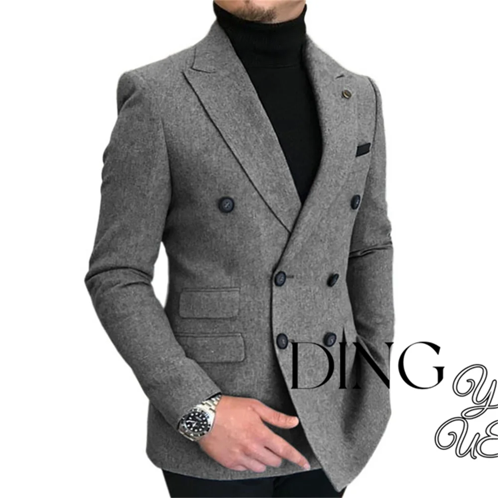 Double Breasted Lapel  Suit Men\'s Slim Fit Overcoat Jackets Man Wool Blazer Herringbone Dress Slim Fit Men\'s Suit Men\'s Casual