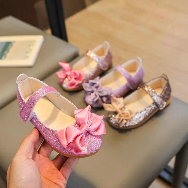Spring Autumn Children Flat Glitter Princess PU Leather Shoes Kids Low-Top Bow Soft-Soled Velcro Shoes Girls Stage Performance