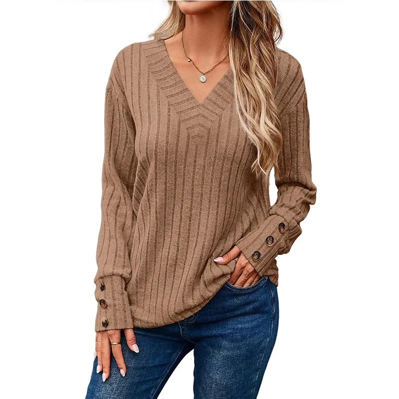 Fashion Casual Knitted Women T-shirt Autumn and Winter Long Sleeved Tops V-neck Solid Color Tee Loose Shirts Buttons Clothing