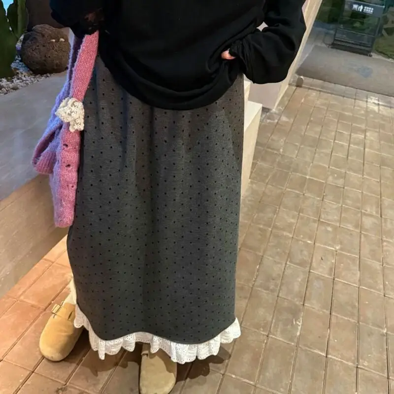 Gonna da donna Autunno e Inverno Gonna a pois in pizzo Donna 2025 Inverno Nuovo stile Gonna dritta in lana ispessita vintage in pile