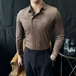Men Autumn Winter  Double Breasted Shirt 2024 New Velvet Long Sleeved Slim Fit Shirts Formal Business Social Party Tuxedo 4XL-M