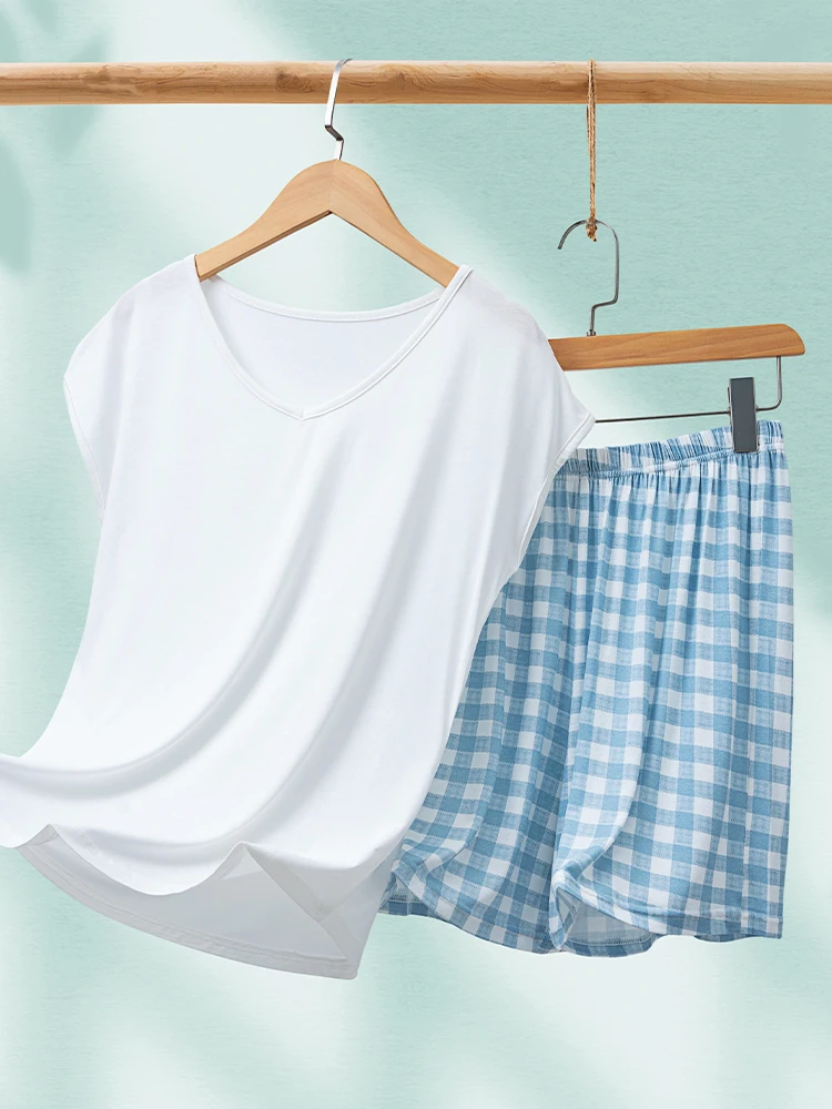 

Lightweight Modal Svel V-Ne Home Clothes Set for Women Summer Loose orts And T-irt Two-Piece Spwear Suit