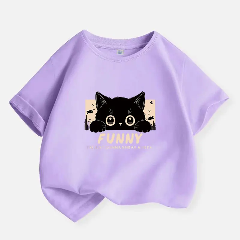 Summer Kids Interesting Kawaii Black Cat T-shirt Print Girls Tshirt Children Short Sleeve T Shirt Fashion Cotton Tee Clothes