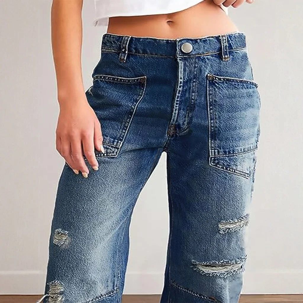Jeans For Woman Y2k Jeans Distressed Wide Leg Trousers With Curved Hem Casual Loose Fit Comfort Stretch Denim Trendy 2025
