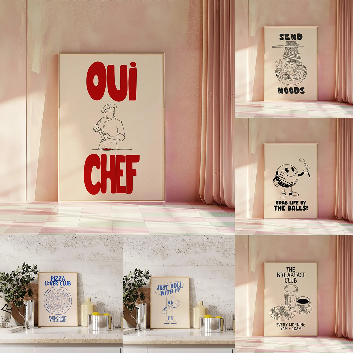 Oui Chef Gourmet Canvas Printing Pizza Club French Kitchen Cooking Wall Art Poster for Modern Living Room Bedroom and Home Decor