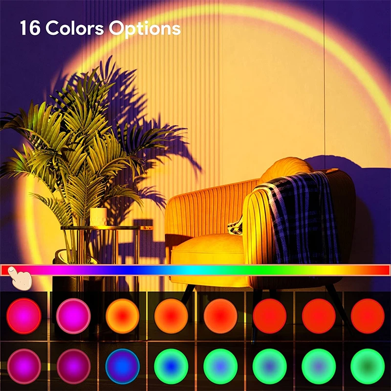 16 Colors RGB USB Sunset Light Mobile Phone Self Photography Light LED Rainbow Neon Night Light Projector Photography Wall Lamp