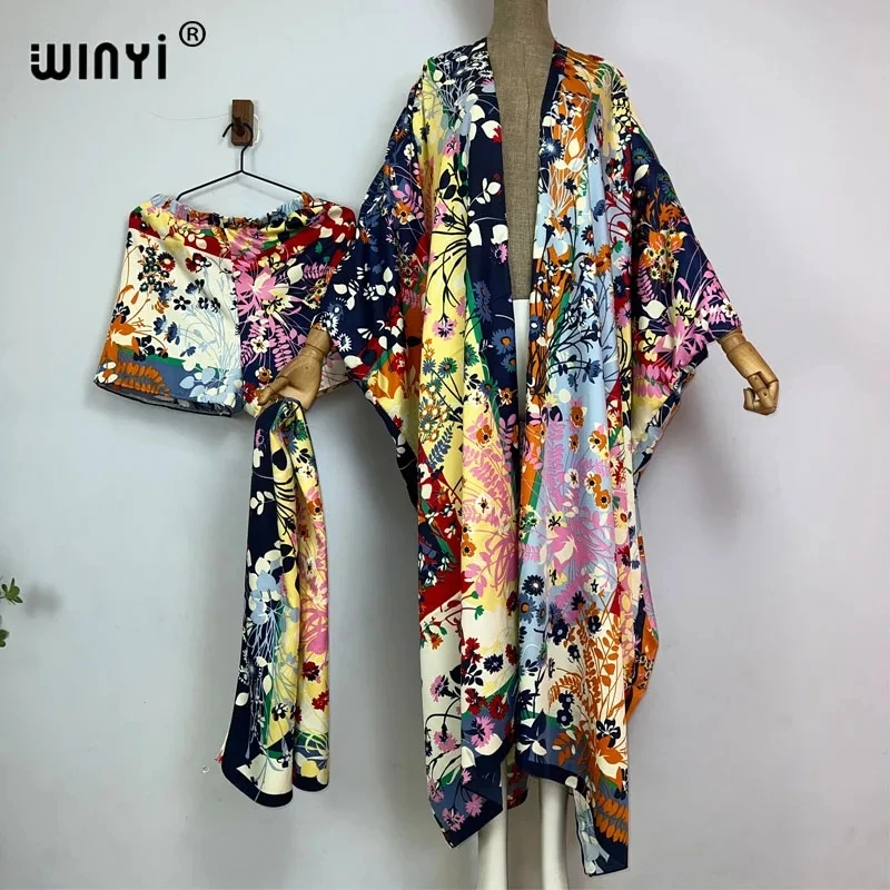 WINYI-Conjunto de dos piezas con estampado bohemio para mujer, vestido largo hasta el suelo de manga larga, kimono de vacaciones, novedad de verano