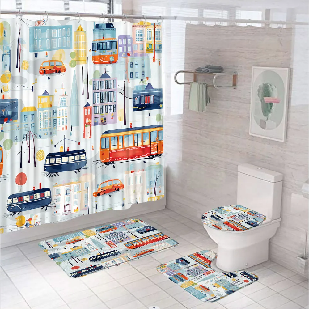 Cartoon Car Bathroom Set Shower Curtain City Transportation Car Kid Boys Girls Truck Bus Taxi Non-Slip Bath Mat Rug Toilet Cover