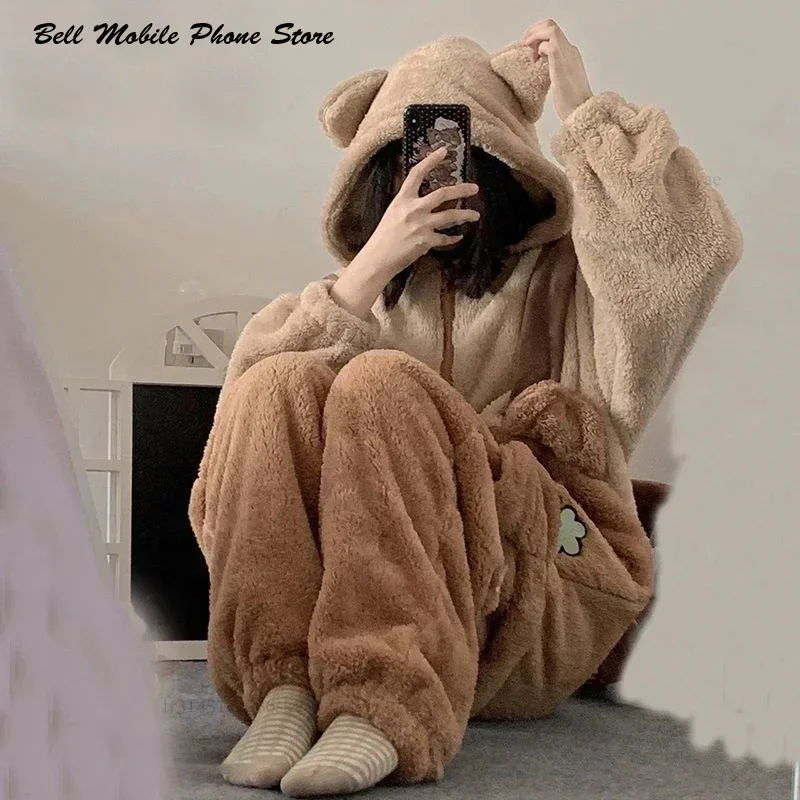 Flannel Anime Onesie Adults Animal Pijama Pajamas Set Women Men Cosplay Halloween Cartoon Pyjama Adults Winter Bear Sleepwear