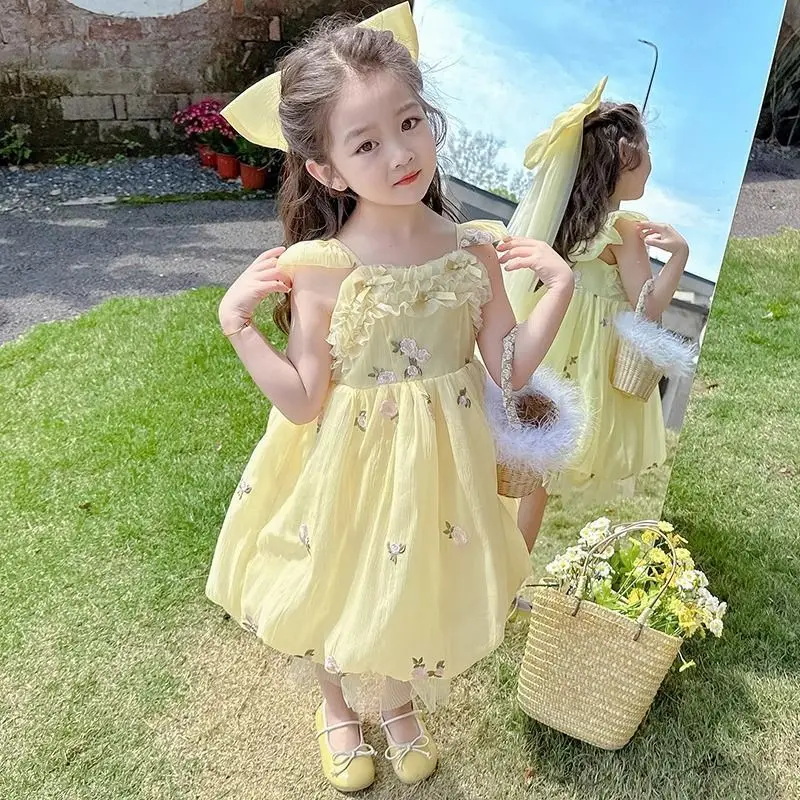 Girls Dress Summer 2025 New Children's Embroidered Foreign Flower Bud Mesh Little Girl Princess Dress Send Veil