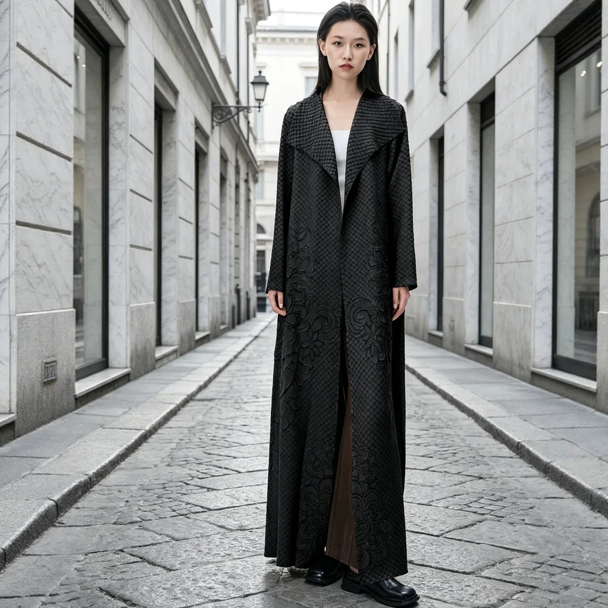 Miyake Women Elegant Long Trench Coat Lapel Belted Waist 3D Floral Embossed Jacquard Maxi Outerwear Fall Winter Luxury Overcoat