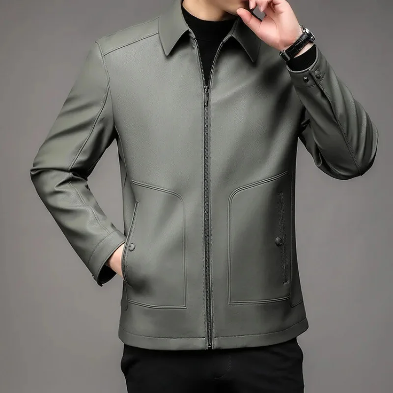 2023 Autumn Winter New Men Fleece-Lined Coat Man High-Grade Lapel Motorcycle Leather Jacket Casual Versatile Outerwear