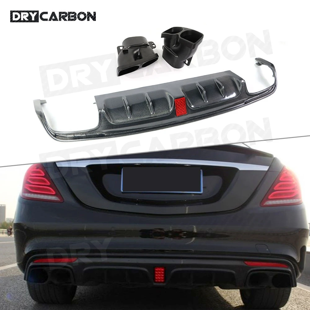 Carbon Fiber Rear Bumper Lip Diffuser Spoiler with Exhaust Muffer Tips For Benz B Style S Class W222 S63 S65 AMG 2013-2019 FRP