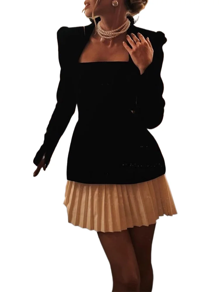 

Temperament Elegant Velvet High Waist Spliced Mini Dress Two Piece Set Square Neck Long Sleeve Gowns Lady Chic Party Clothing