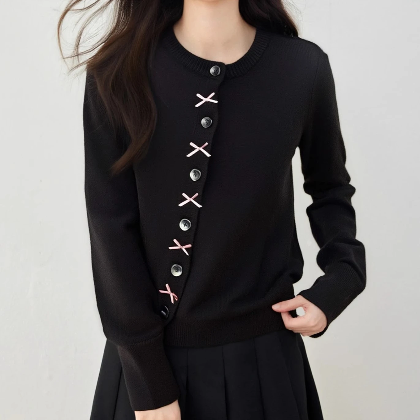 

Unique Bow Black Knit Cardigan Women Autumn Winter Fashion Chic Layering Tops