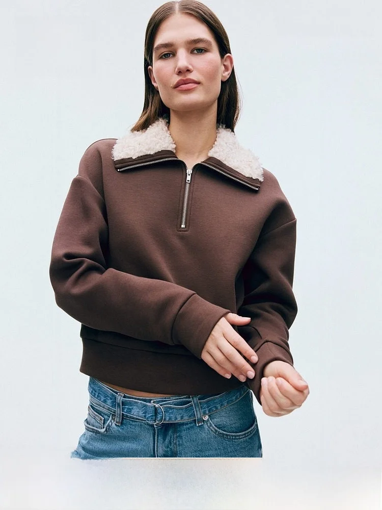 

Spring New Women's Zip up Sweatirt Air Layer Fabric Upper Part H&M Casual Sle Long Sve Loose Fit Daily Wear