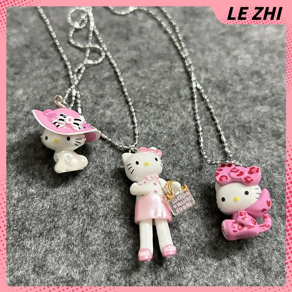 Kawaii Hello Kitty Titanium Steel Necklace Doll Image Strawberries Flower Leopard Print Decoration Jewelry Girls Birthday Gift