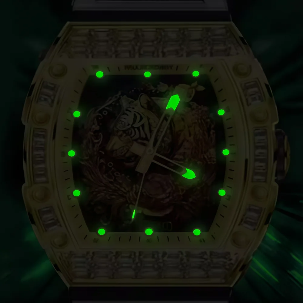 Nowy męski zegarek na rok 2025, automatyczny mechanizm, luksusowy zegarek dla mężczyzn, tarcza z motywem tygrysa, zegarek mechaniczny, wodoodporny, składane zapięcie.