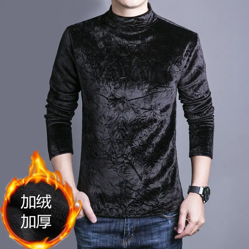 2023 Autumn Winter New Solid Color Fashion Turtleneck T-Shirts Man High Street Long Sleeve Casual Plus Velvet Warm Pullovers