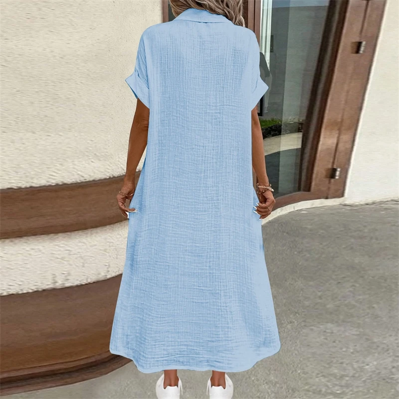 Women Shirt Dress 2025 Summer Spring Solid Color Short Sleeve Button Down Casual Long Shirt Maxi Sundress Comfortable