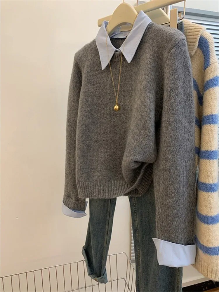 

ay Collar Thiened Women's Knitted Sweater Spring Autumn Inner Wear Flip Collar Bear Velvet Top Sweet Sle Loose Fit