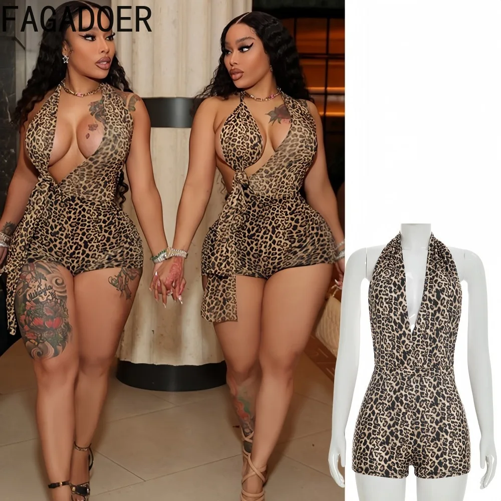 

FAGADOER Sexy Leopard Print Patchwork Bodycon Rompers Woman Halter Deep V-neck Backless Jumpsuits Female Streetwear Overalls New