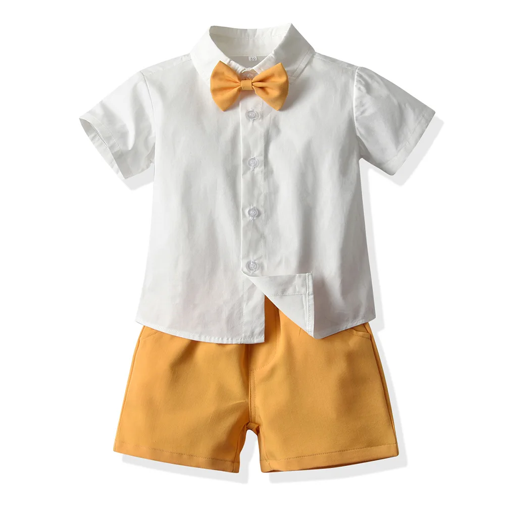 Kids Summer Clothes Suit Formal Gentlemen Outfit Boys Cotton Shirt + Belt Shorts 2PCS Set Baby Clothes for Wedding Birthday