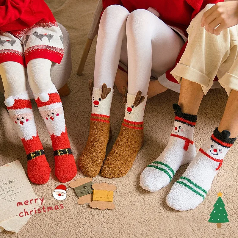 3 Pairs Women's Autumn Winter Socks Christmas Family Socks Non-shedding Cute Socks Sleep Sock Santa Coral Velvet Socks Wholesale