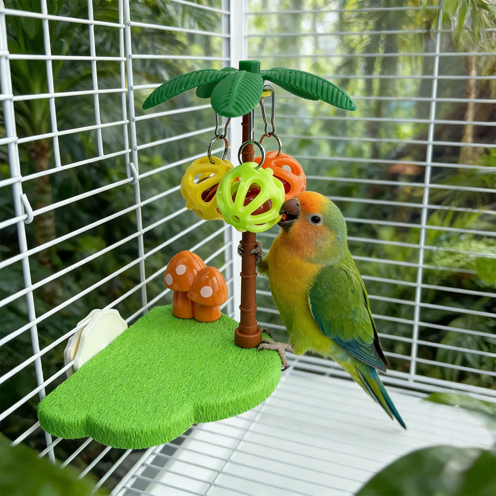 Plataforma de Descanso para Pájaros Tropicales con Campana y Pelota, Juguete Interactivo para Periquitos y Cotorras, Accesorio para Jaula que Alivia el Aburrimiento y Estimula el Desarrollo Molar