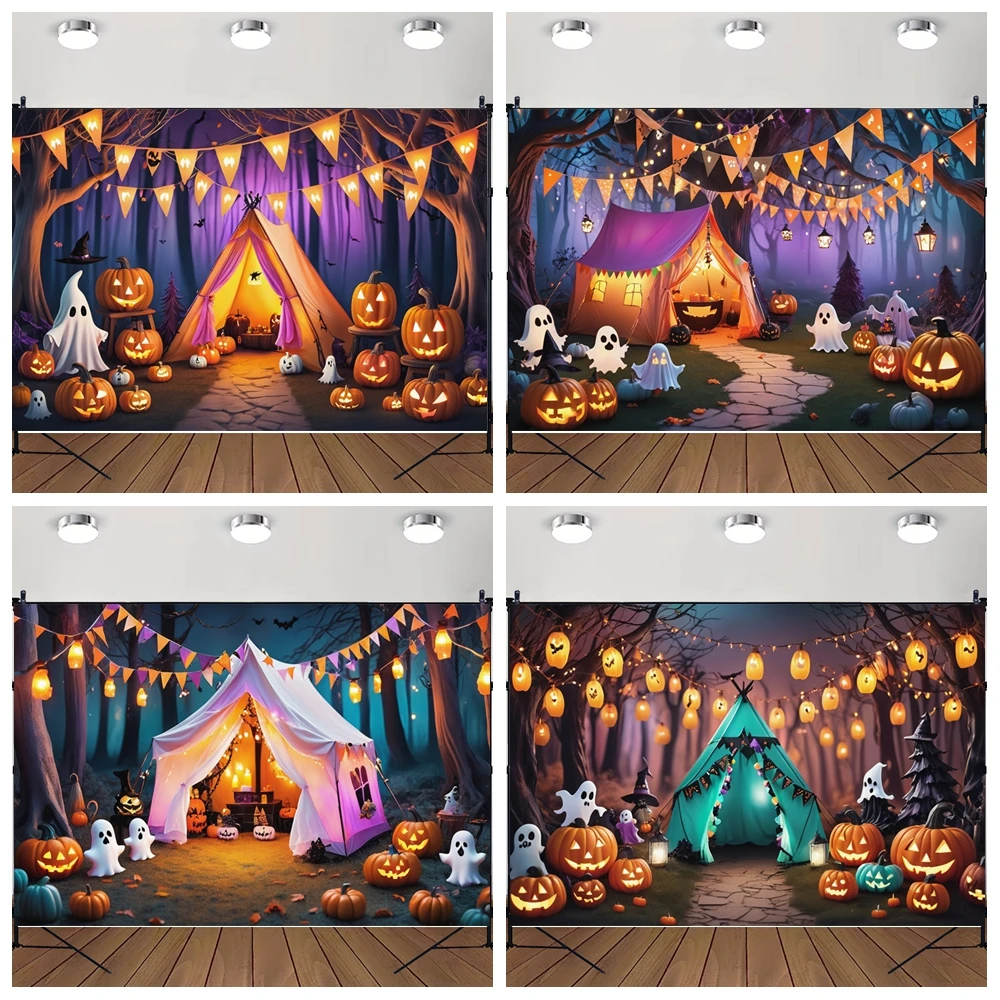 

MOON.QG Halloween Camping Photo Background String Lights Tents Forest Photography Backdrop Photography Props Photo Studio Booth