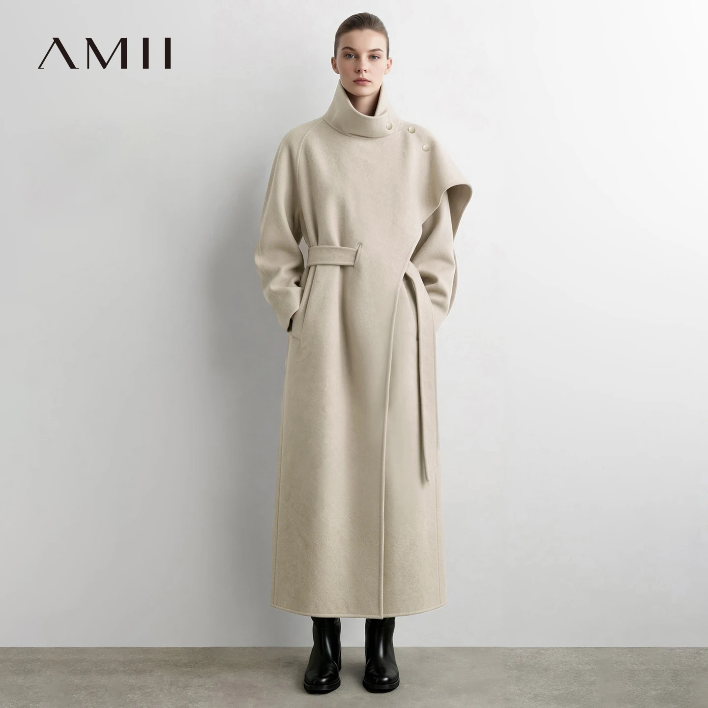 Amii Women Double-Faced Wool Coat Stand Collar Belted Oversized Long Minimalist Commuter Winter 2026 Women Winter Coat 12644019
