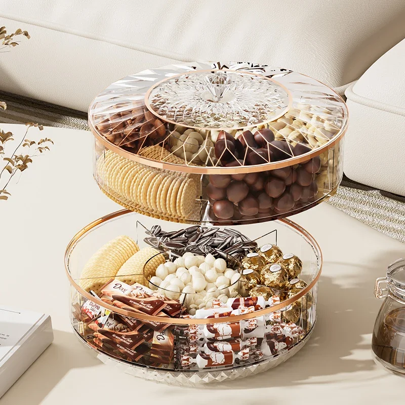 Round rotating snack tray with lid clear plastic storage box dividers dry fruit serving tray