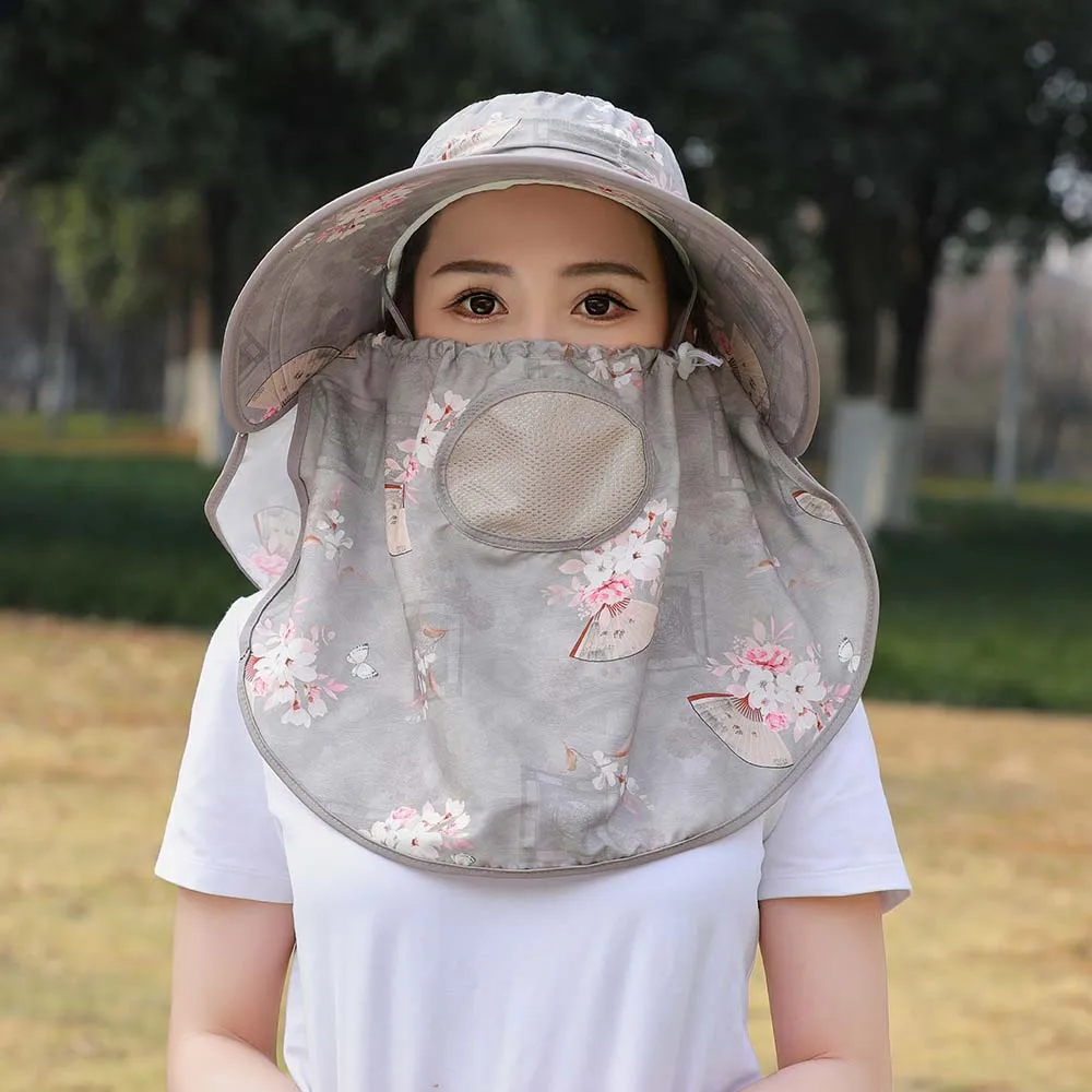 Chinese Style Anti-UV Mask Picking Tea Hat Flower Wide-Brimmed Sunshade Shawl Cap Thin Cotton Neck Protection Hat Jogging