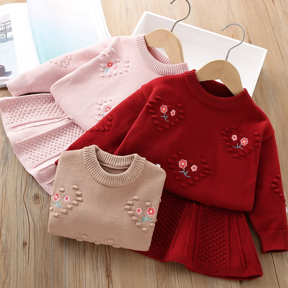 

Girls Knitted Clothes Sets Spring Autumn 2024 Children Woolen Jersey Sweaters Skirts 2pcs Dress Suit For Baby Outfits Kids 4 5 6